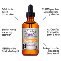 Amber glass bottle of Sovereign Silver Pets Immune Support for pets