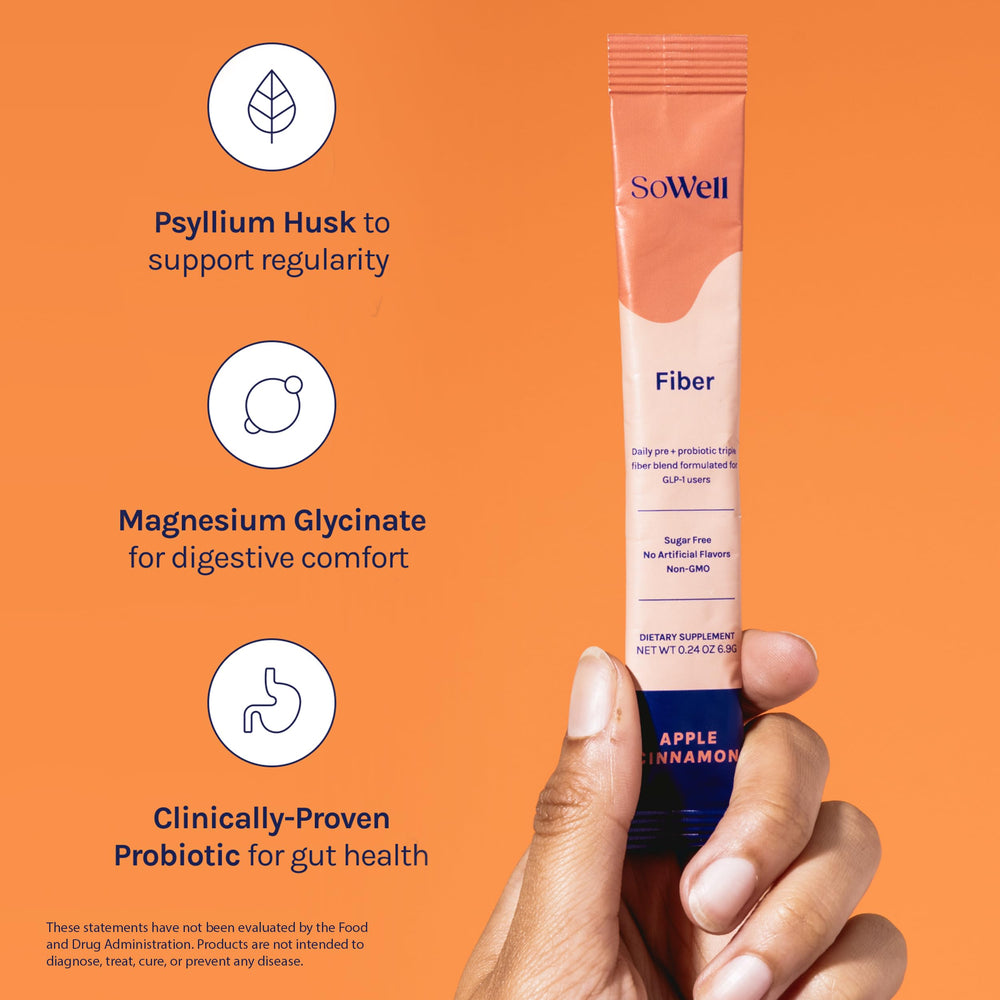 SoWell label close-up showing probiotic, magnesium, and fiber details