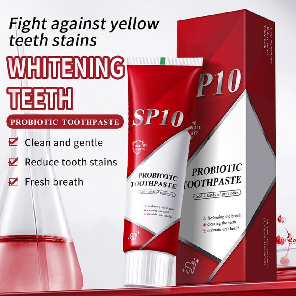 Close-up of SP10 Probiotic toothpaste on a toothbrush