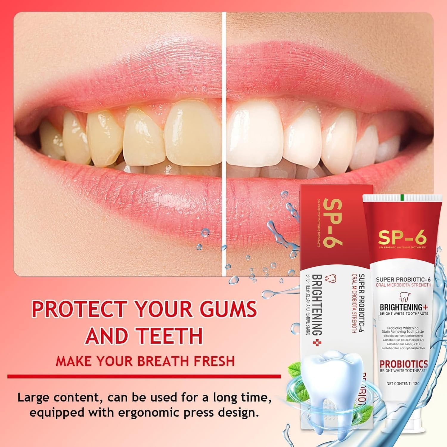 Graphic highlights six probiotics in SP-6 toothpaste