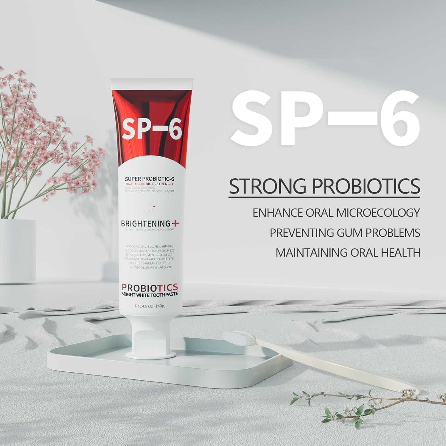 Graphic showing six probiotics for oral health on packaging