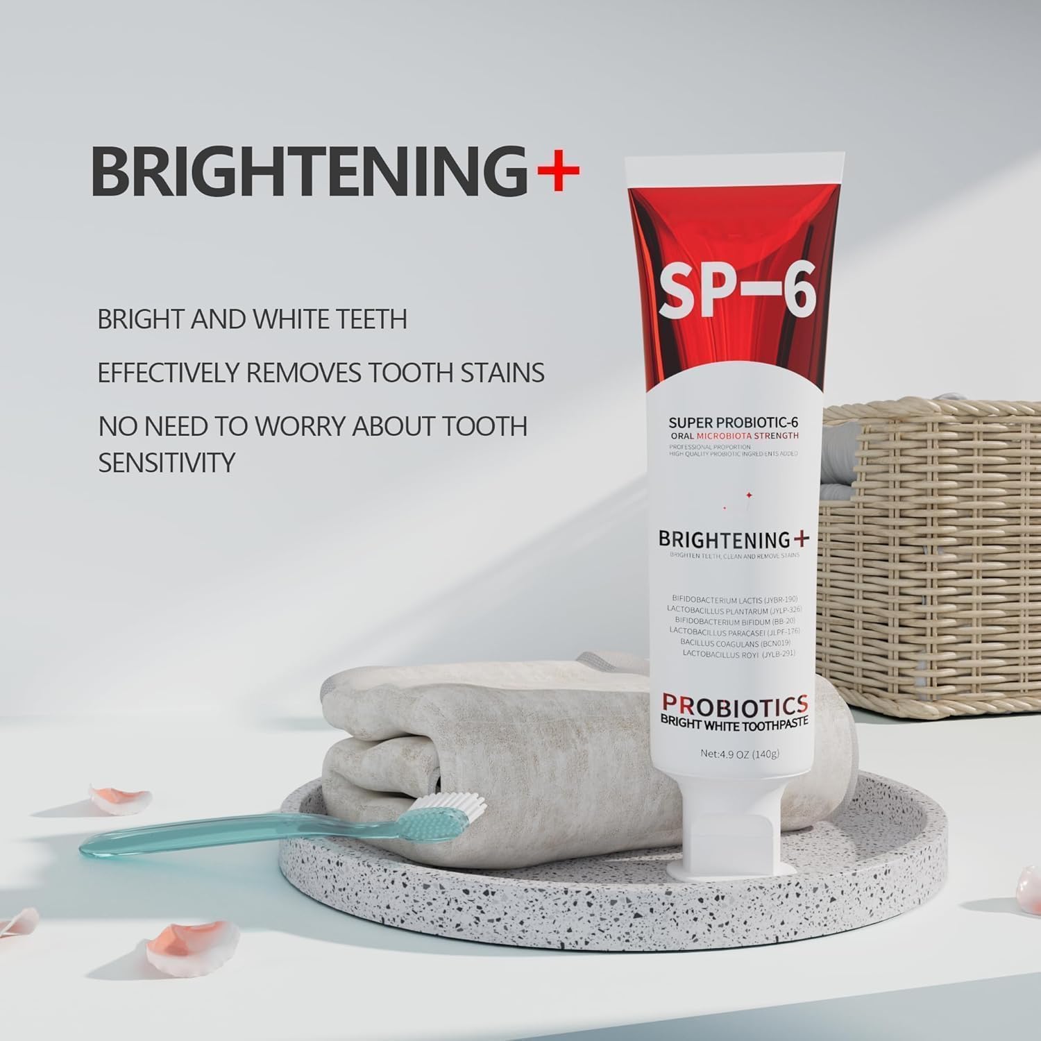 Enamel-safe and fluoride-free claim on SP-6 toothpaste box