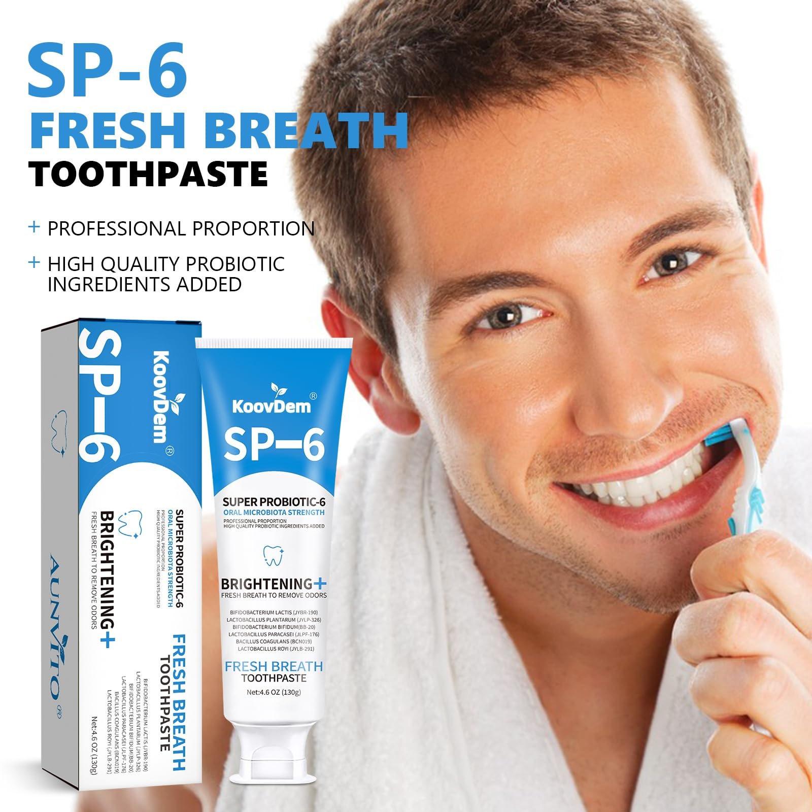 Fluoride-free SP-6 toothpaste packaging with blue branding
