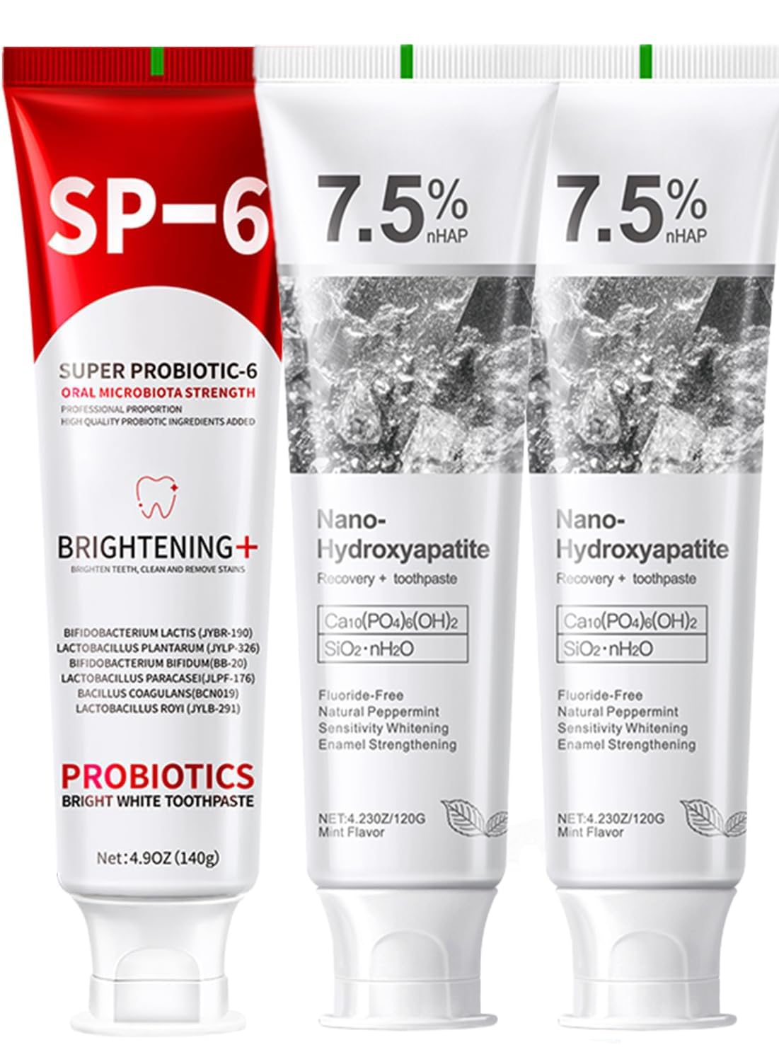 SP-6 Probiotics Whitening Toothpaste trio packaging with Hydroxyapatite
