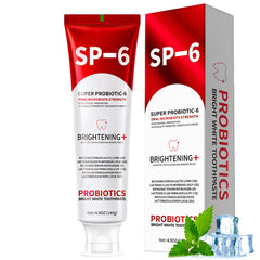 Close-up of SP-6 toothpaste tubes showing whitening formula