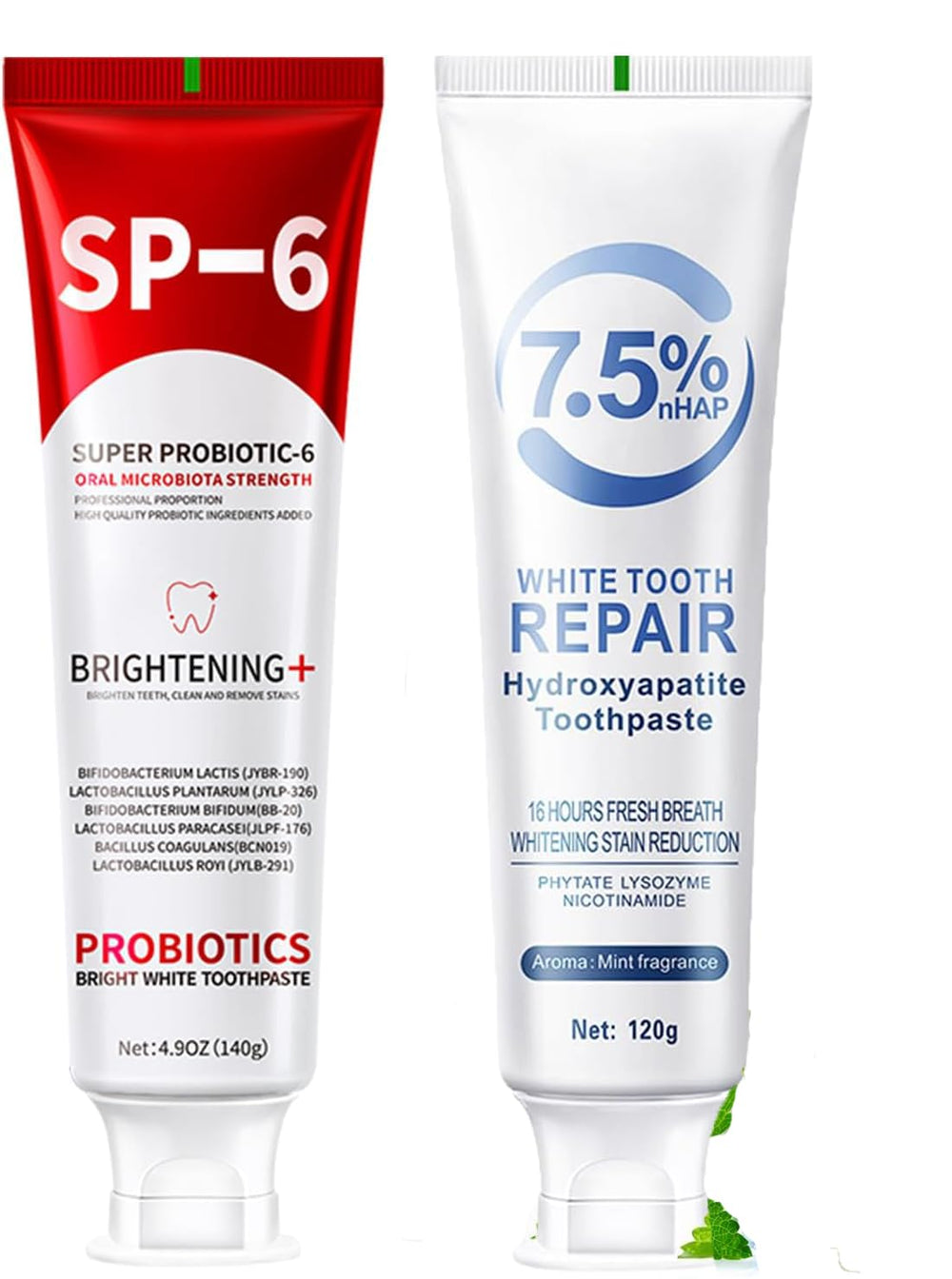 SP-6 Probiotics Whitening Toothpaste tube with probiotic strains label