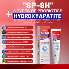 Graphic illustrating 8 probiotic strains plus hydroxyapatite formula