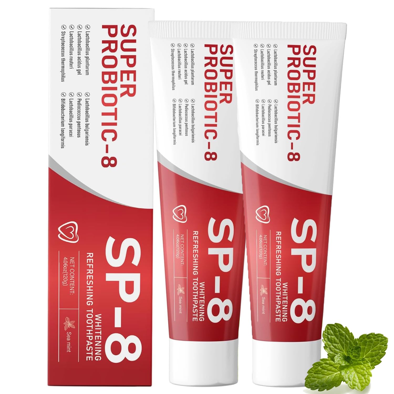 SP-8 Probiotic Whitening Toothpaste tube with mint label