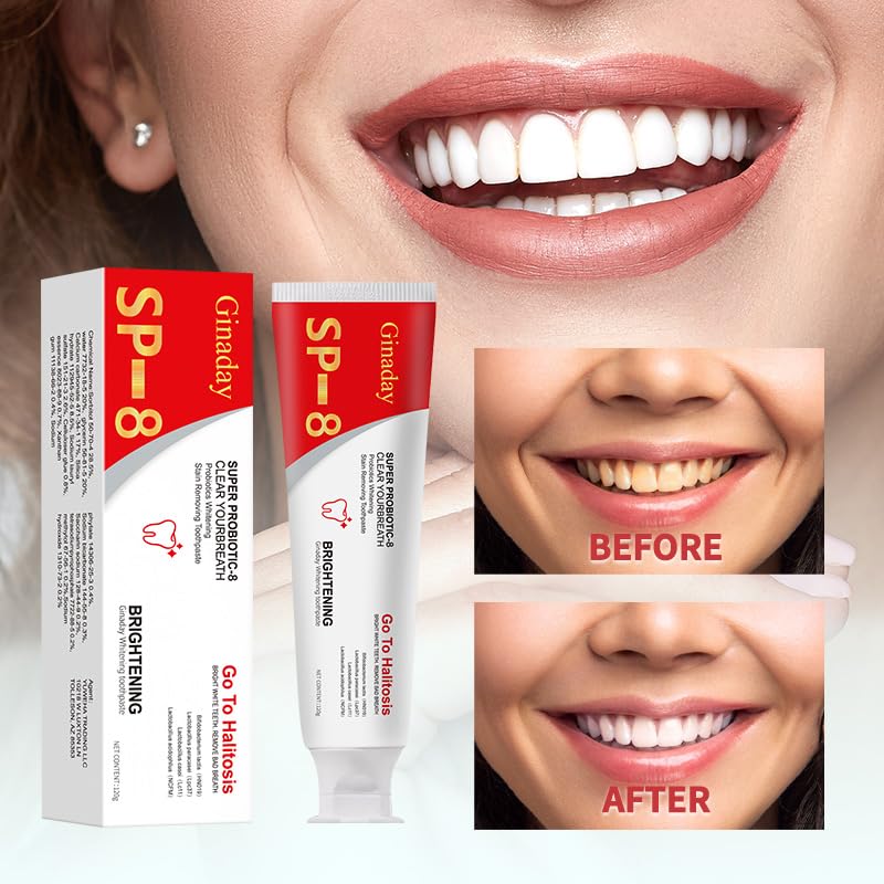 Back view of SP-8 Probiotic Whitening Toothpaste tube showing ingredients and directions