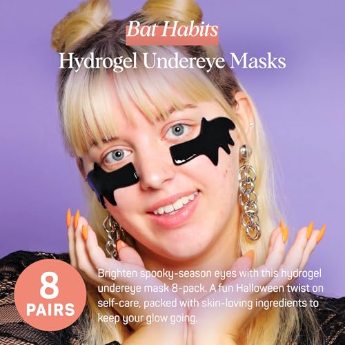 Close-up of bat-wing shaped hydrogel eye patches cooling the under-eye area
