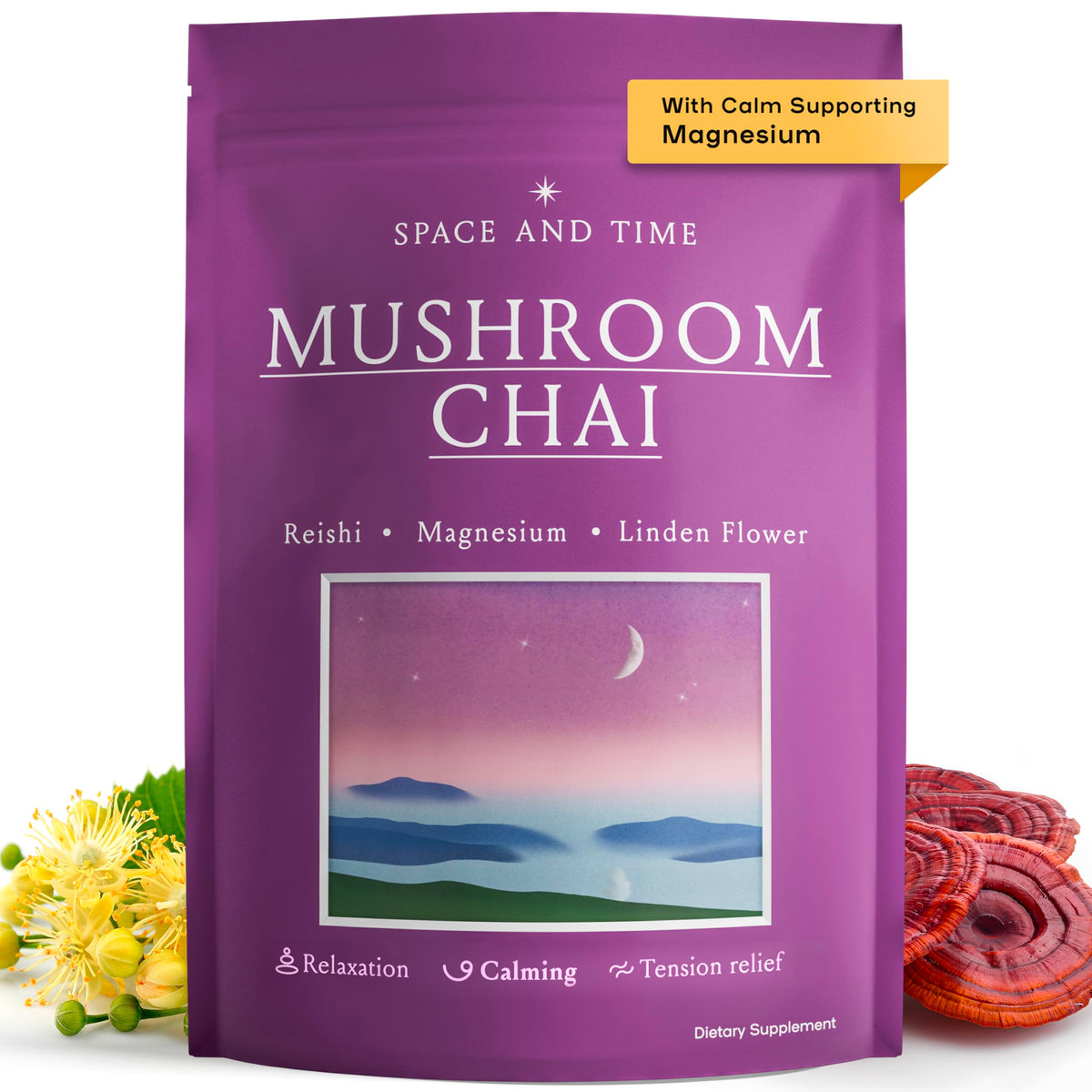 Space and Time Relax mushroom chai tea in a ceramic mug