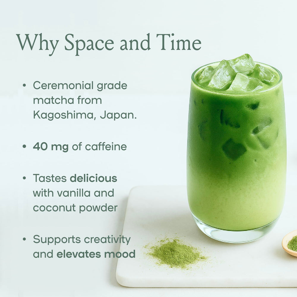 Creative workspace featuring matcha tea on a desk