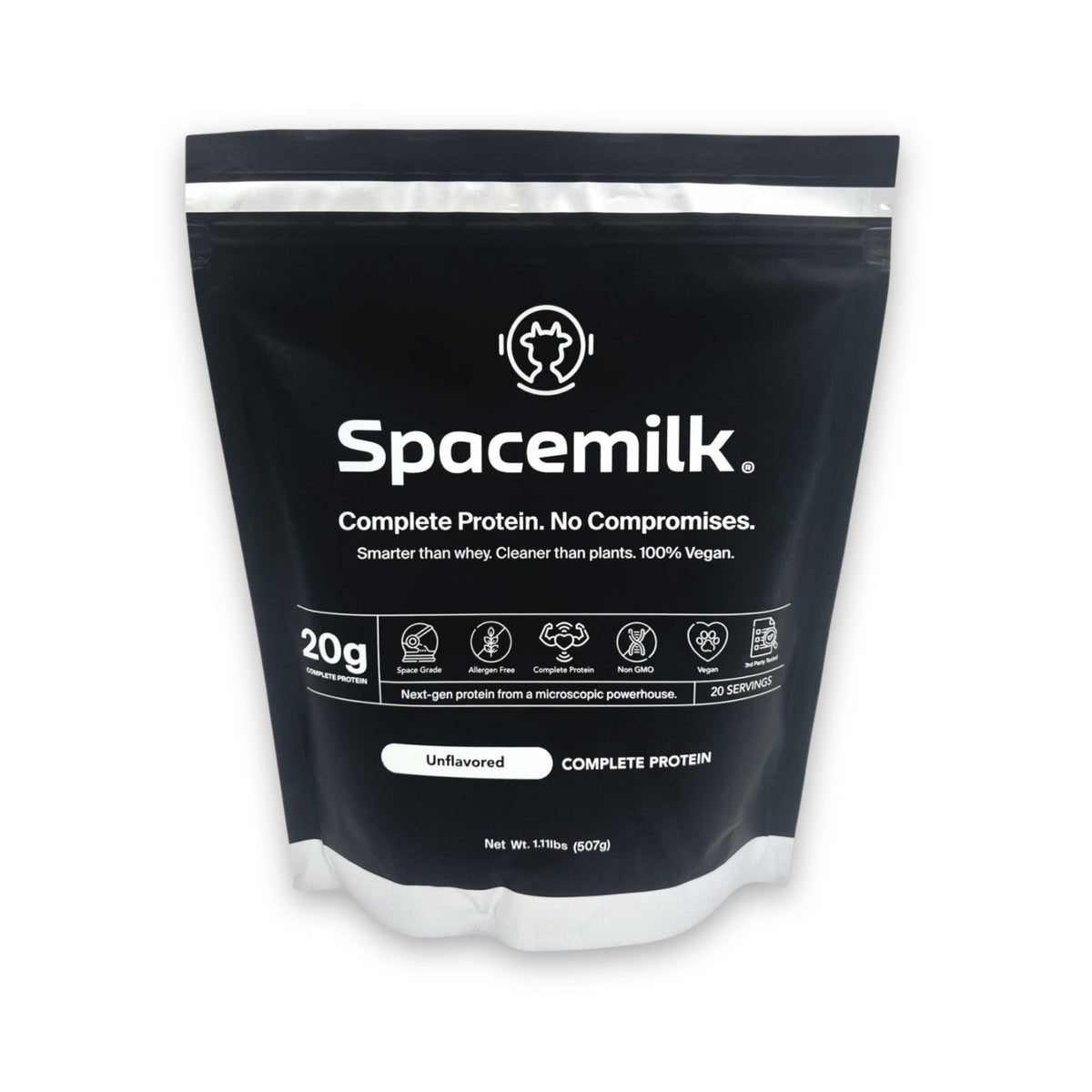 Spacemilk unflavored protein powder bottle for a clean daily protein boost.