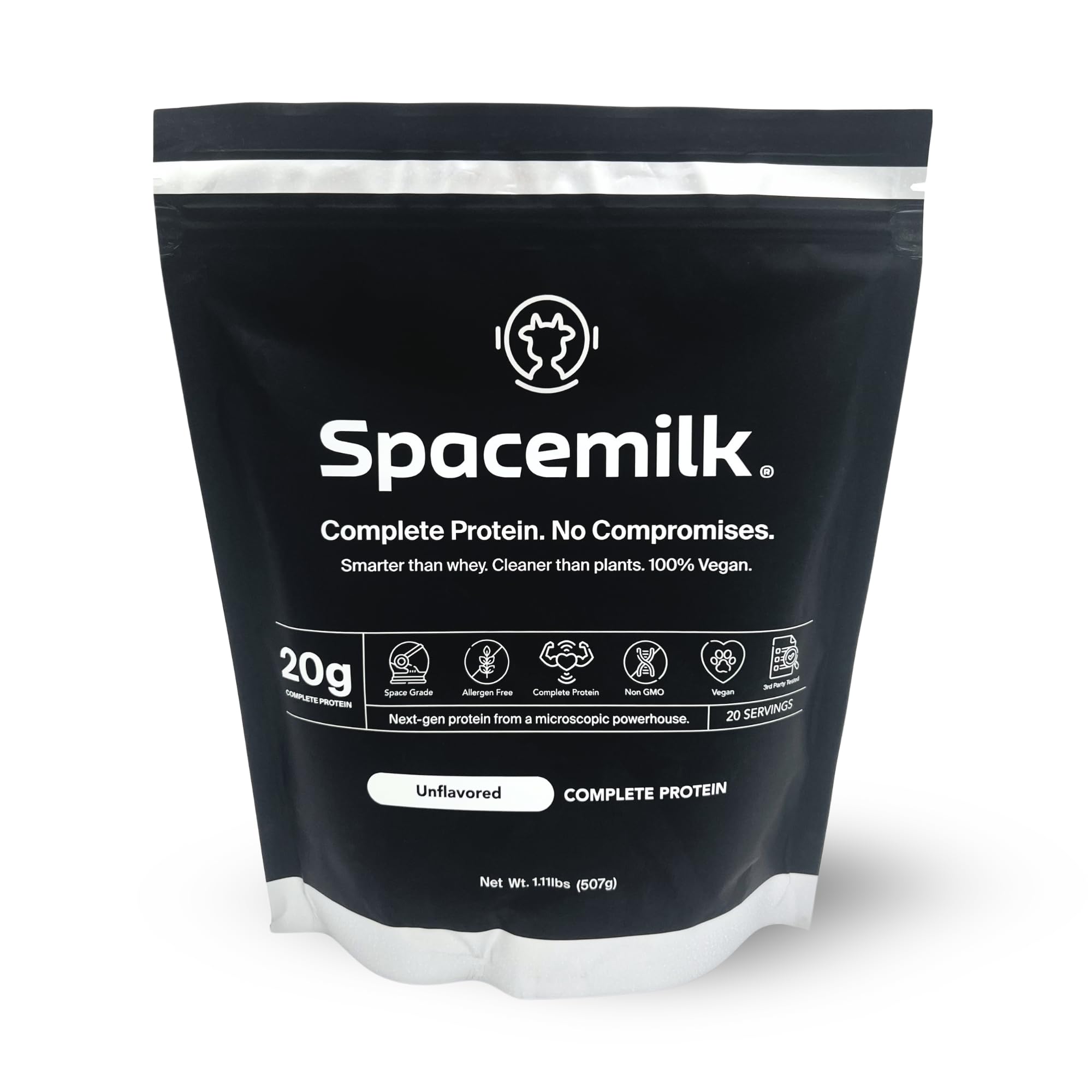 Spacemilk unflavored protein powder bottle for a clean daily protein boost.