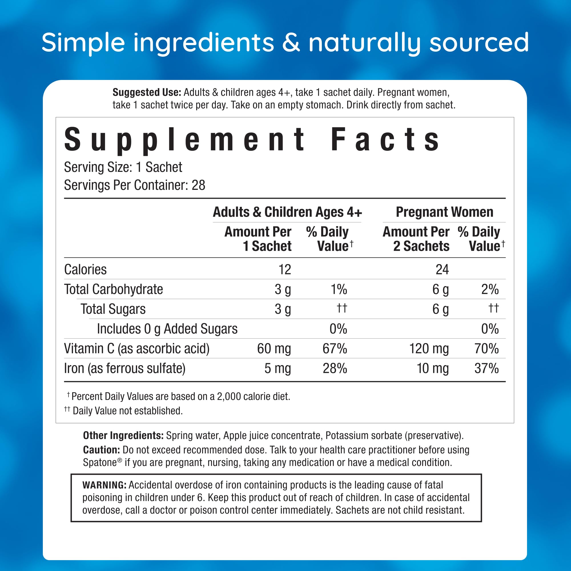Spatone product packaging showing 28-day supply