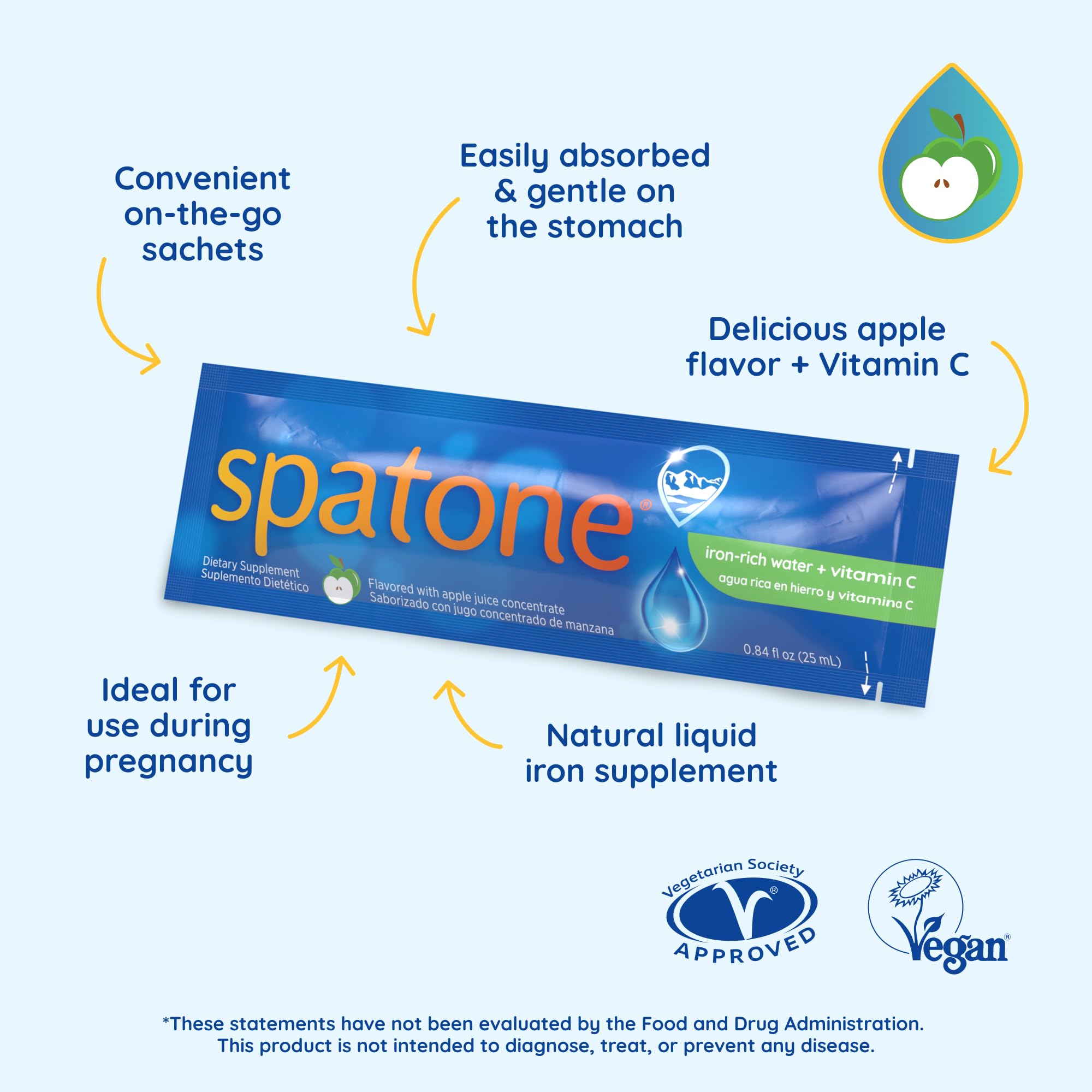 Spatone Apple flavor packaging highlighting 5 mg iron per 20 mL sachet