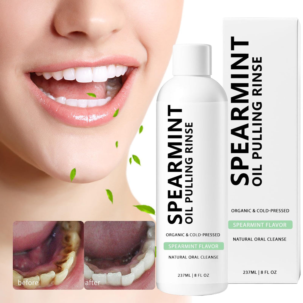 Close-up of product label for spearmint oil pulling mouthwash