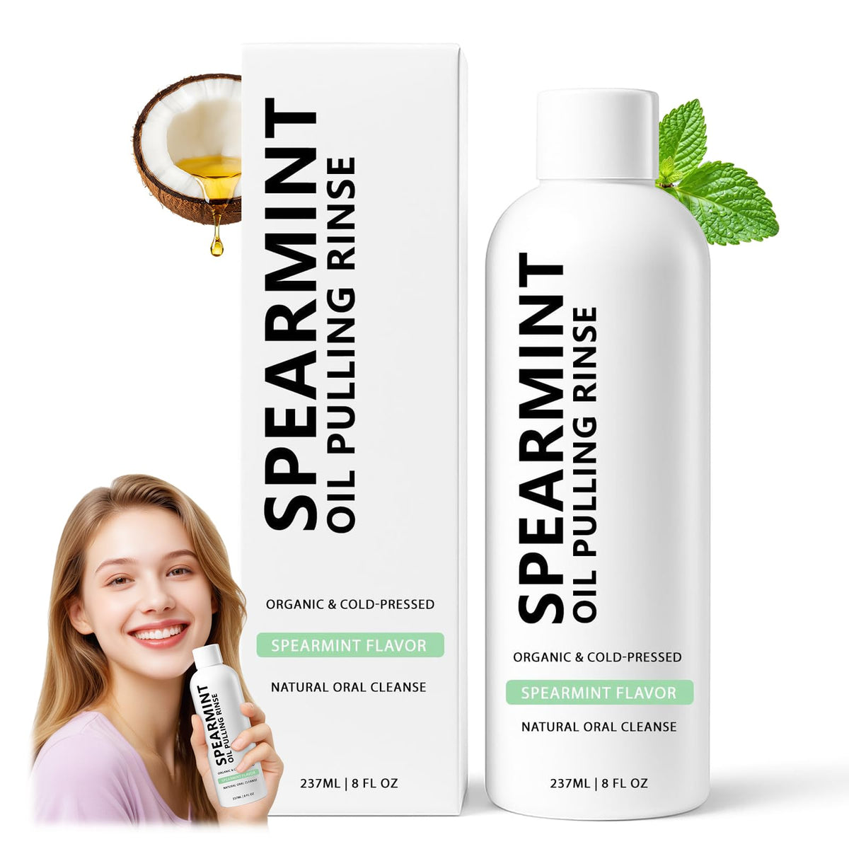 Spearmint Oil Pulling Rinse bottle with coconut oil and peppermint