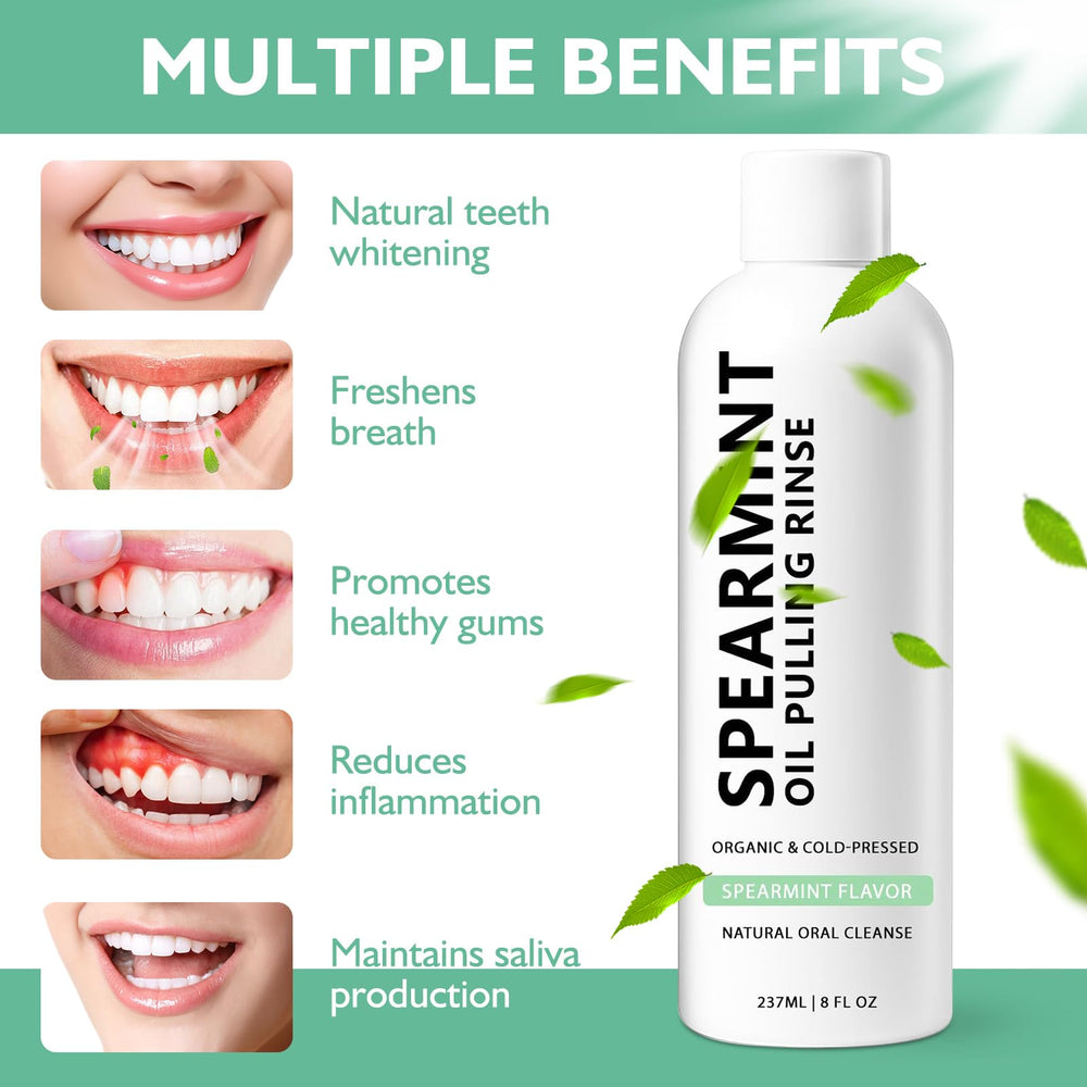 Pouring spearmint oil pulling rinse for oral care ritual