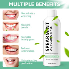 Pouring spearmint oil pulling rinse for oral care ritual