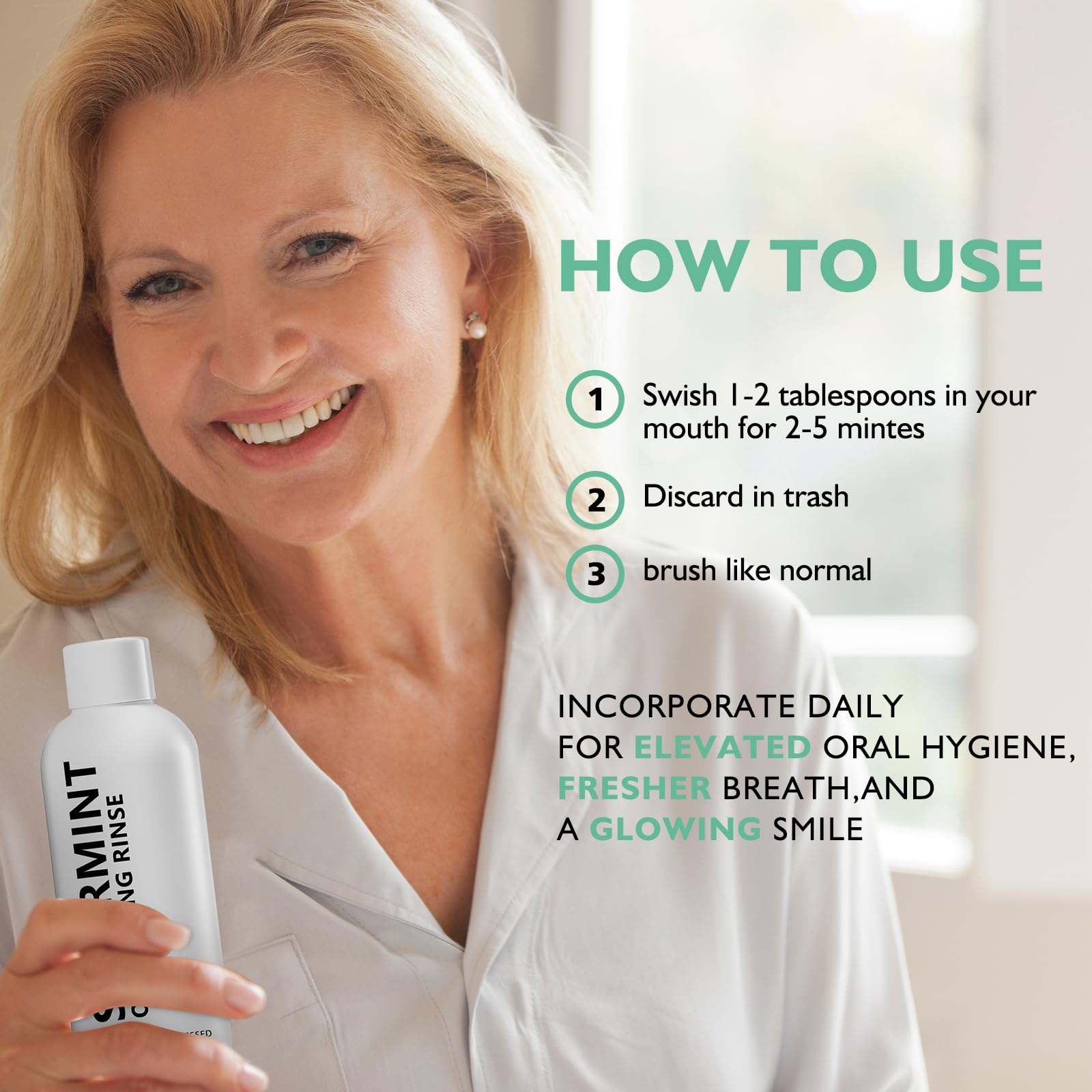 Neatly arranged spearmint oil pulling rinse with other natural oral care products
