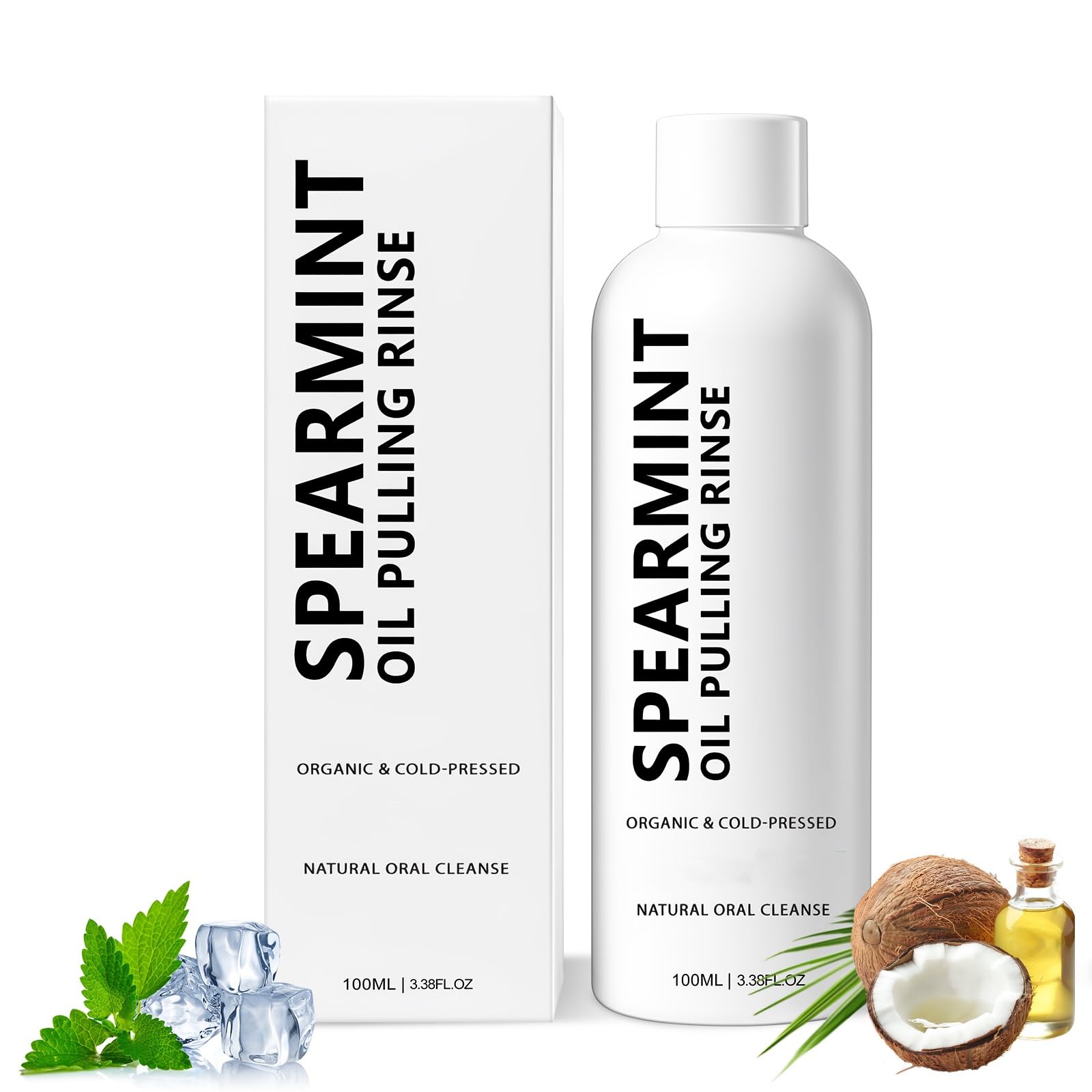 Spearmint oil pulling rinse bottle - front view