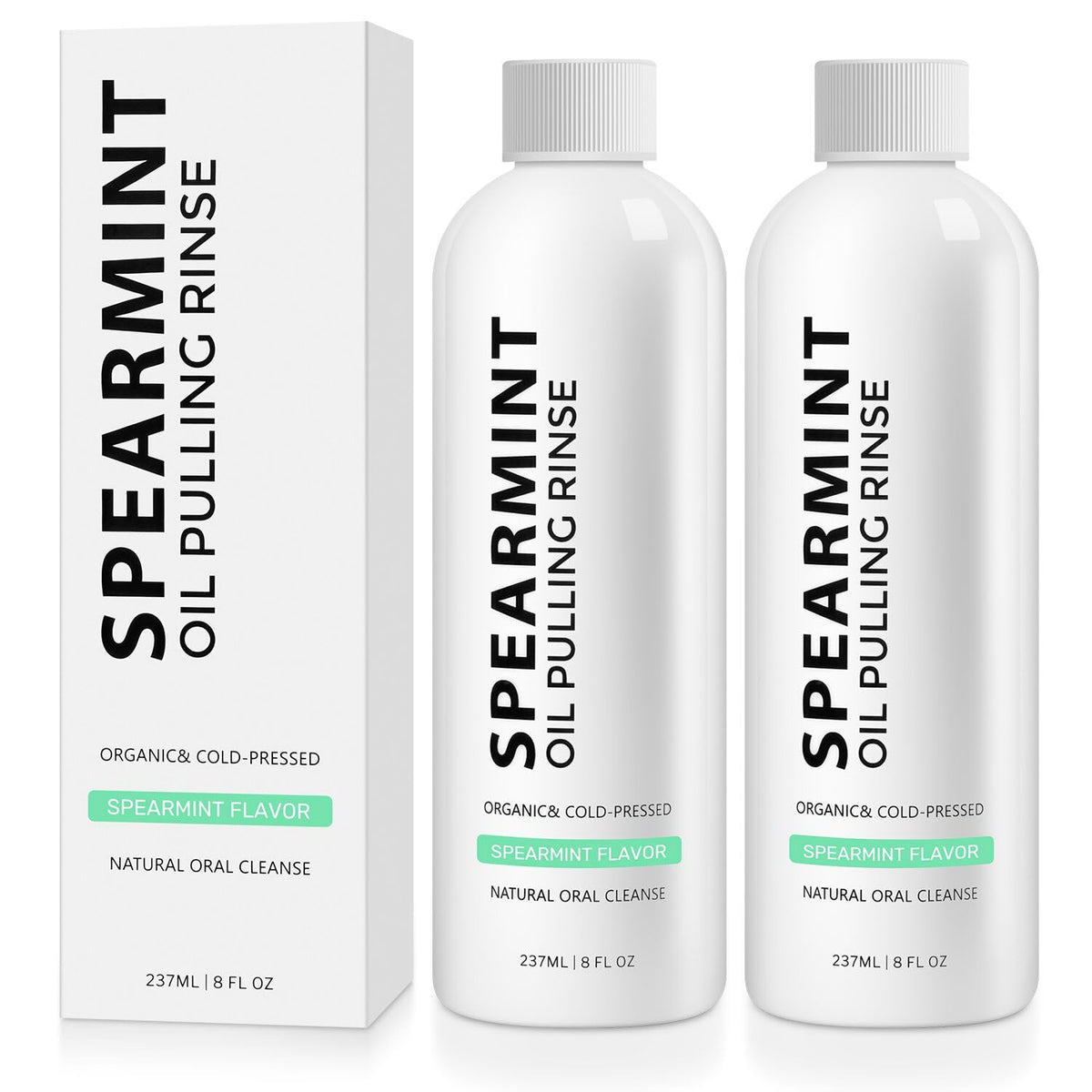 Two bottles of Spearmint Oil Pulling Rinse