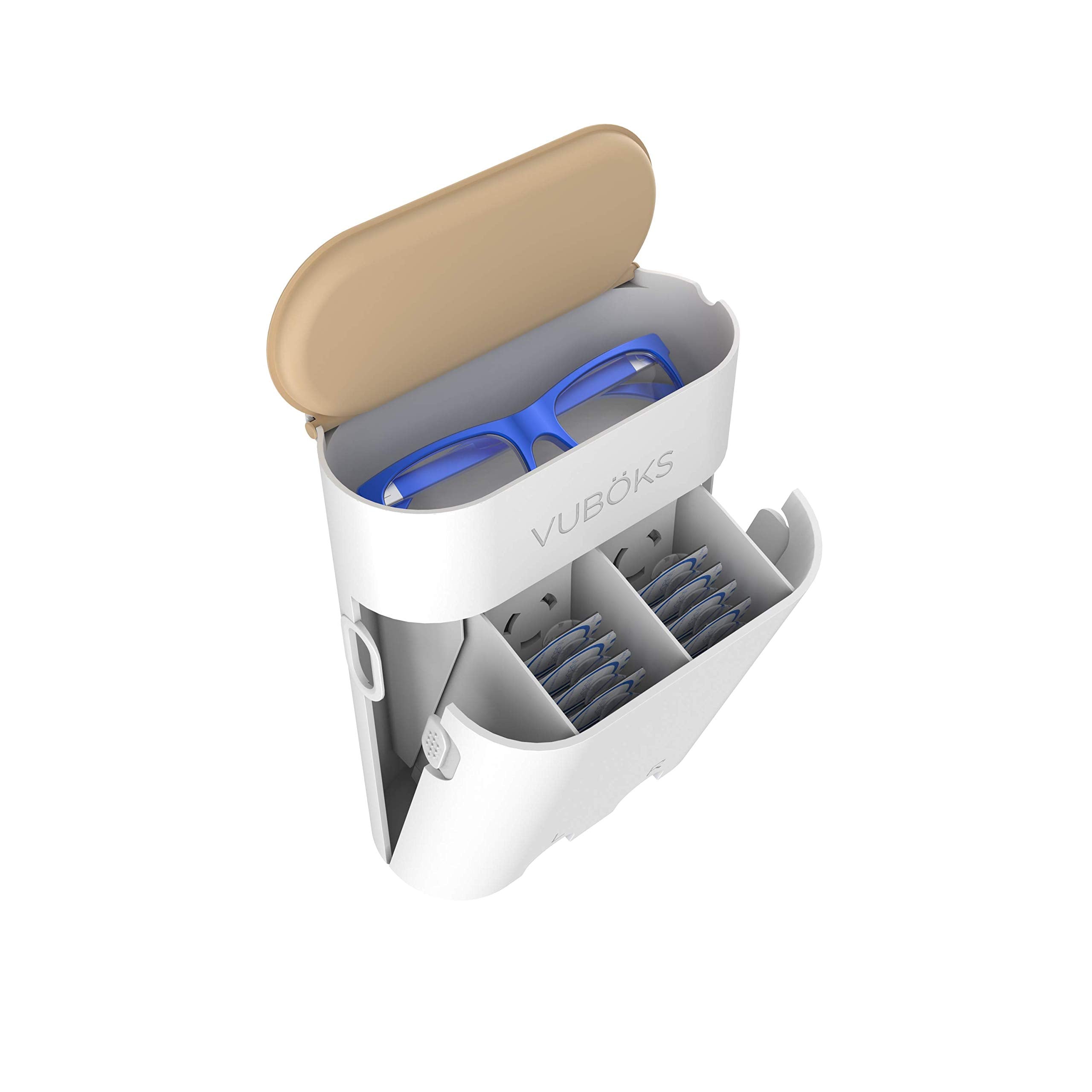 Compartment for glasses with adhesive attachment