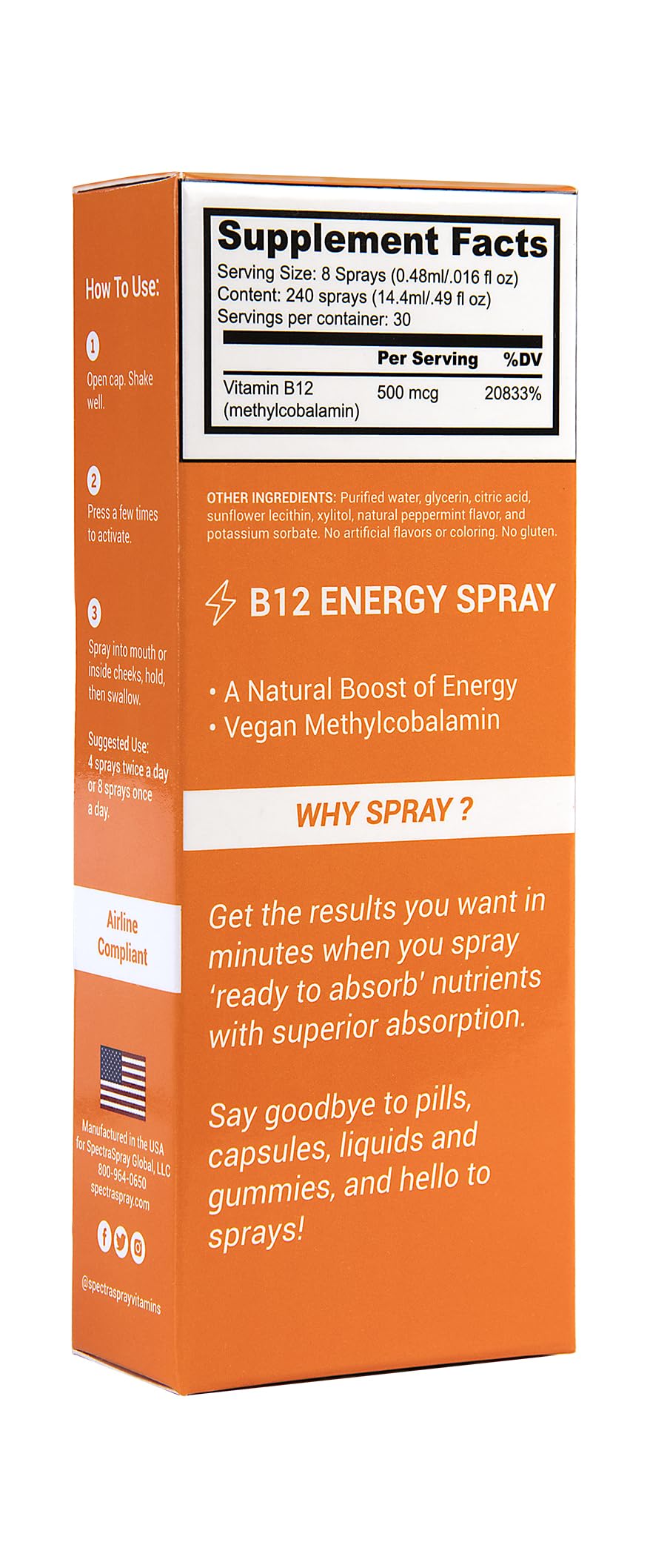 Spectraspray packaging with supplement facts