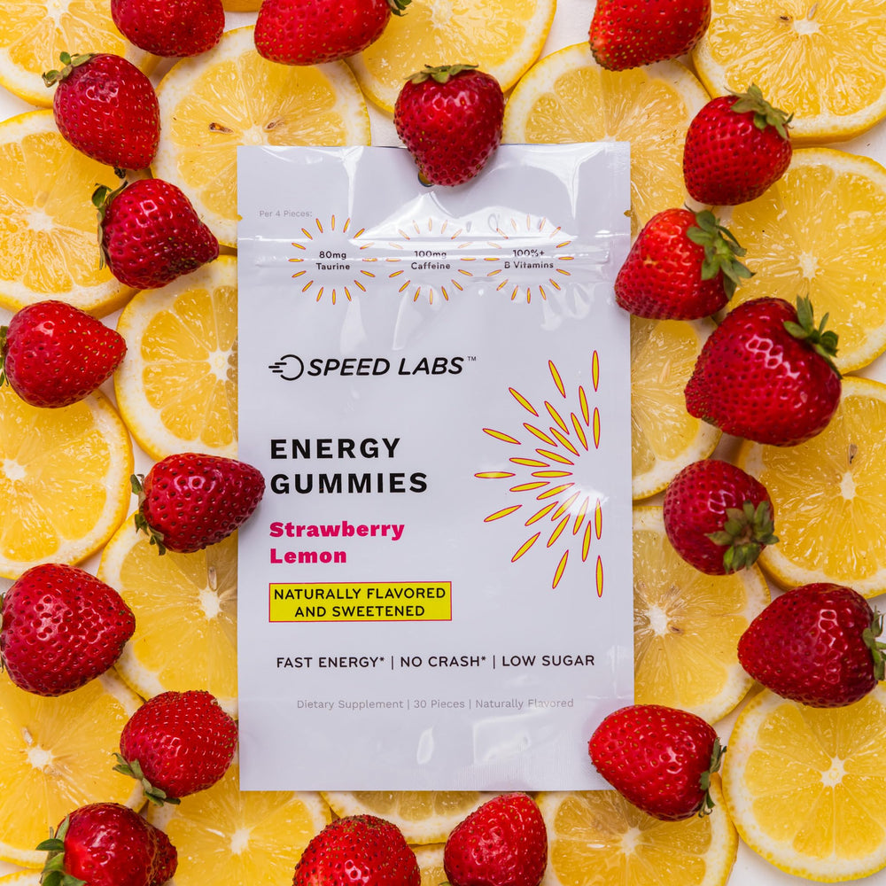 Close-up shot showing texture of Speed Labs Energy Gummies Strawberry Lemon