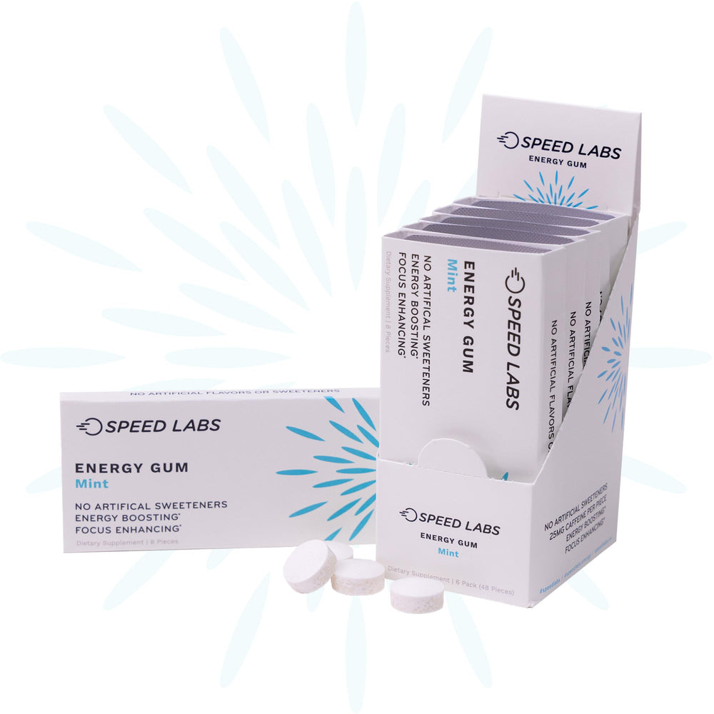 Speed Labs Mint Energy Gum pack open showing 8 pieces for an immediate lift.