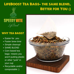 Close-up of SpeedyVite Blood Lifeboost Tea box and tea bags