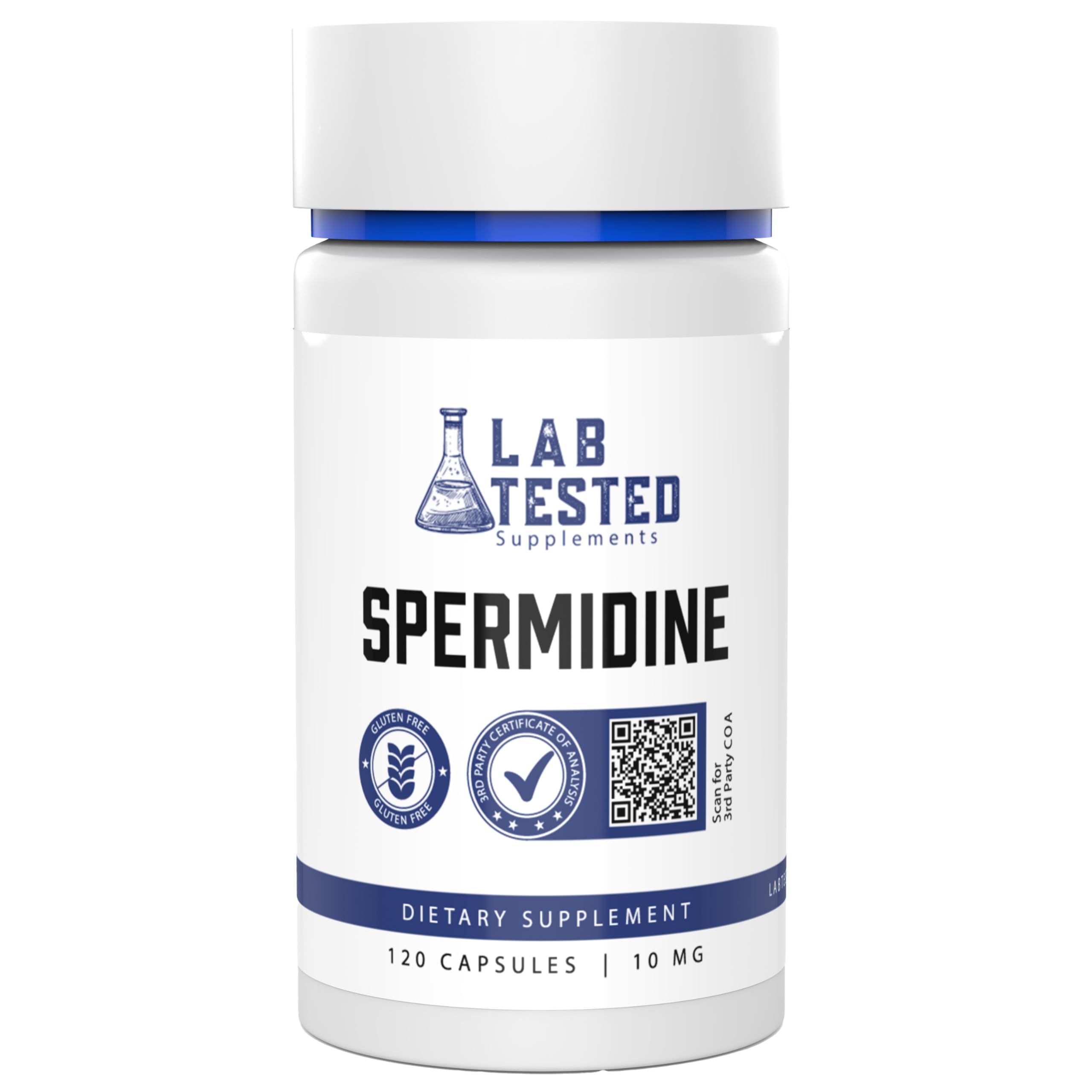 Front view of Spermidine 3HCL capsules (120 x 10 mg)