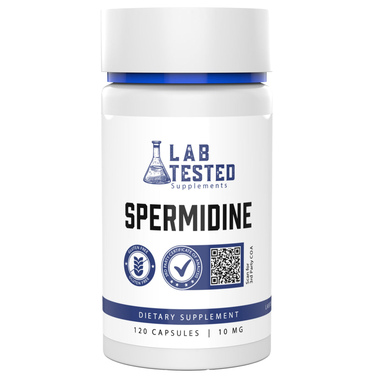 Front view of Spermidine 3HCL capsules (120 x 10 mg)