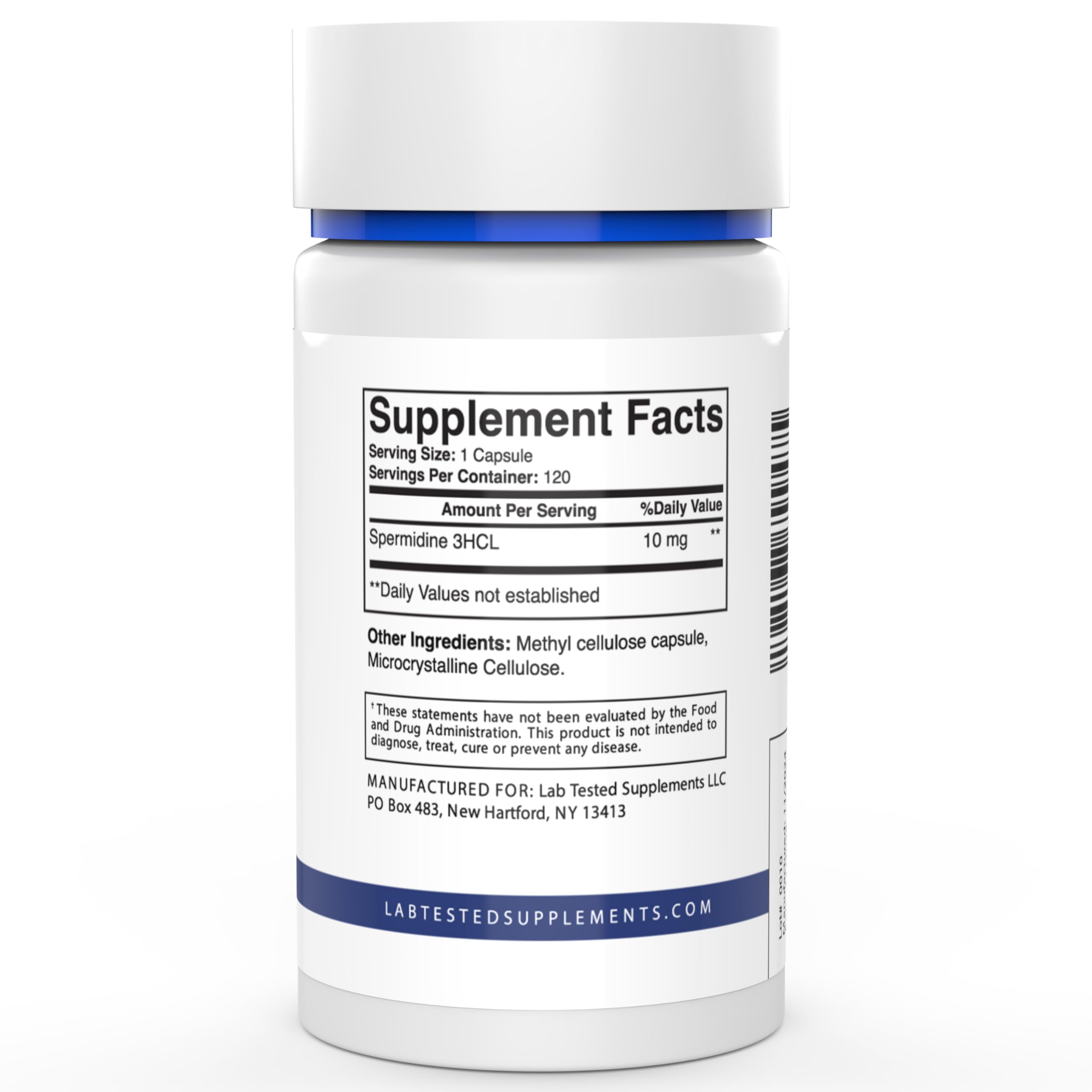 Back view showing supplement facts for Spermidine 3HCL capsules