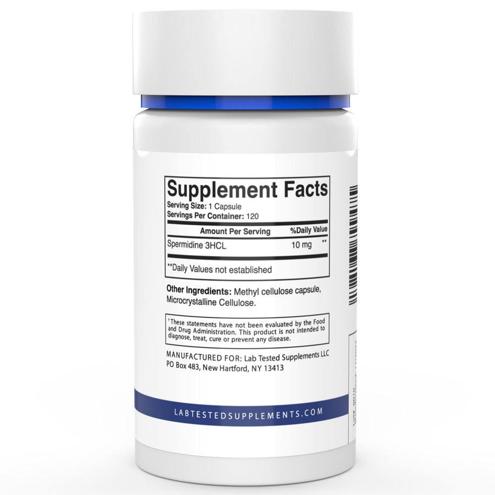 Back view showing supplement facts for Spermidine 3HCL capsules