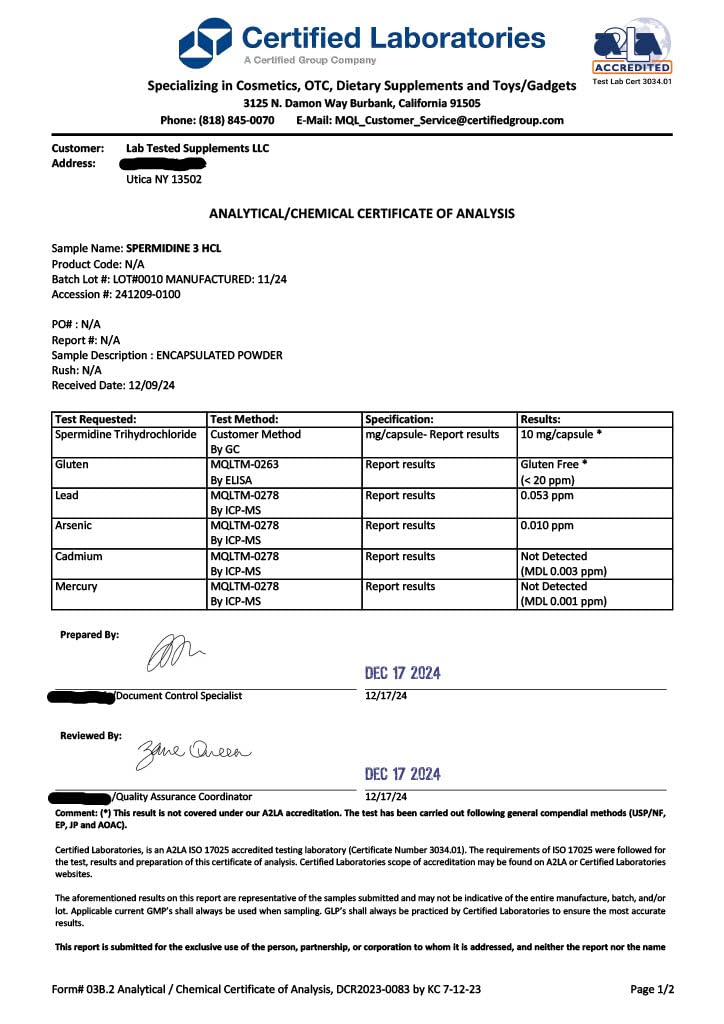 Packaging label for Spermidine 3HCL supplement