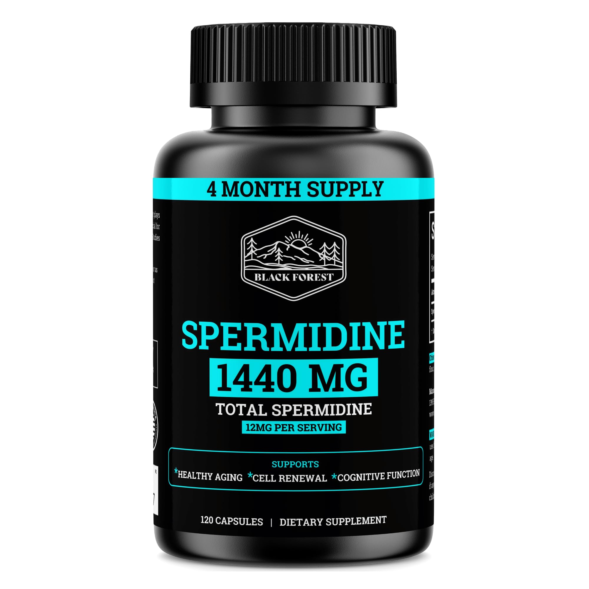 Bottle of Black Forest Spermidine supplement with 120 capsules