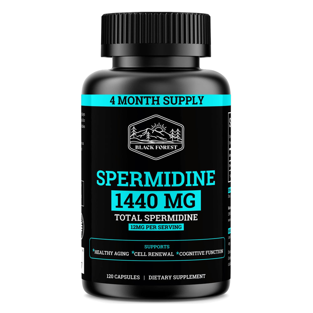 Bottle of Black Forest Spermidine supplement with 120 capsules