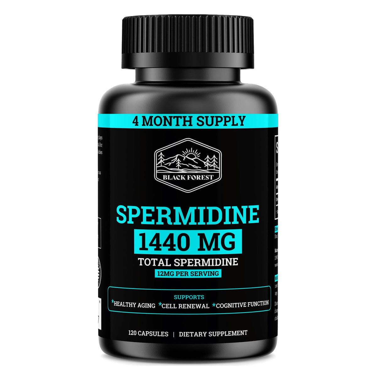 Bottle of Black Forest Spermidine supplement with 120 capsules