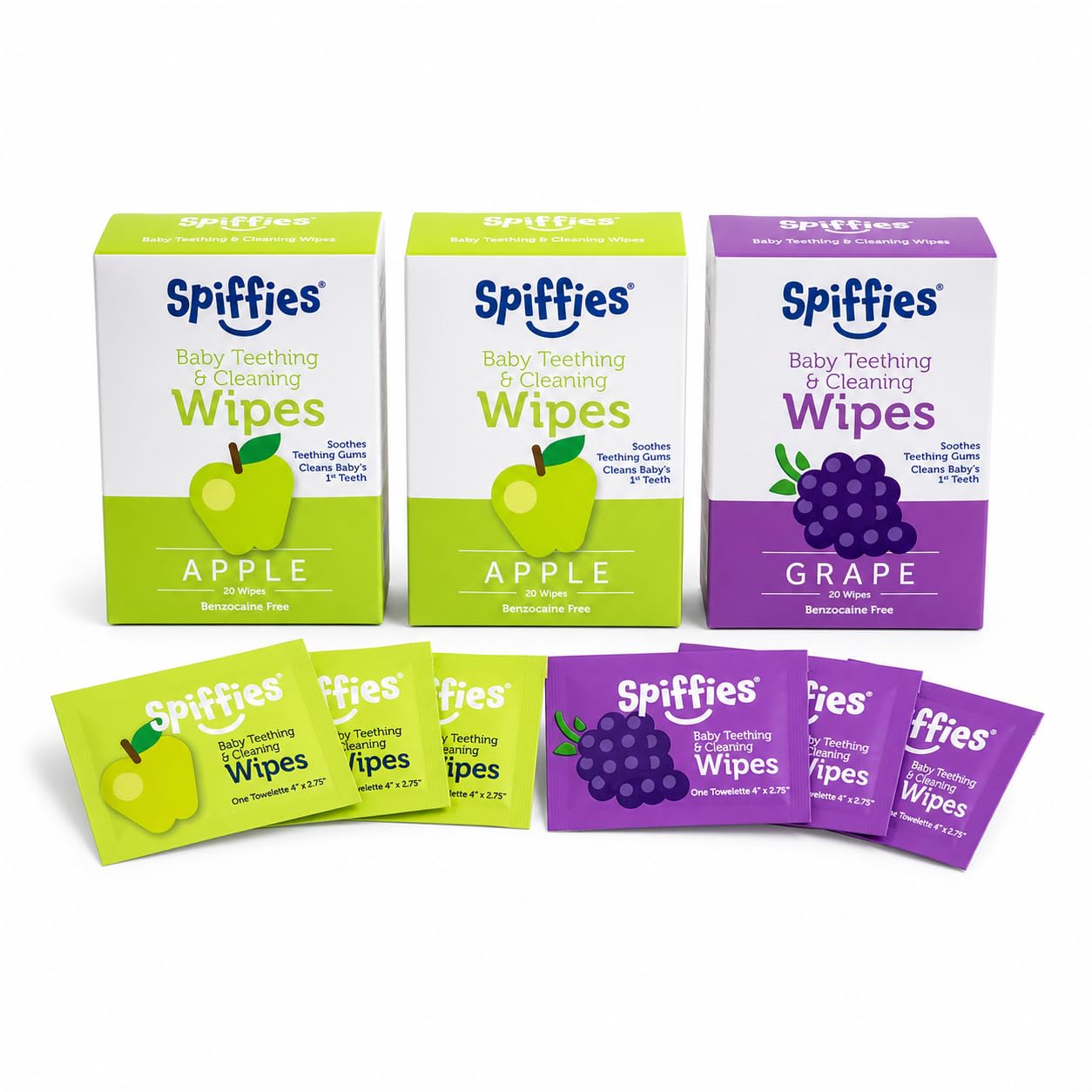 Spiffies front packaging showing apple and grape variety and xylitol benefit