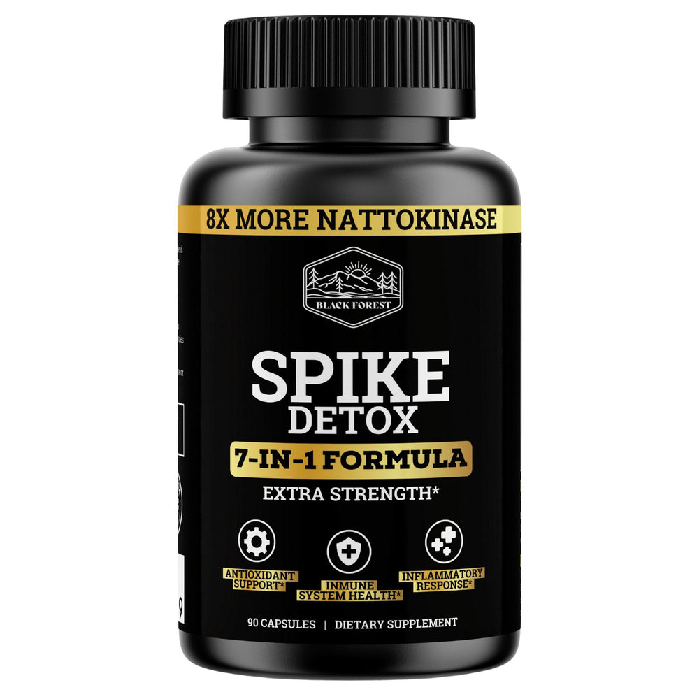 Spike Detox bottle and 8X nattokinase capsules label close-up