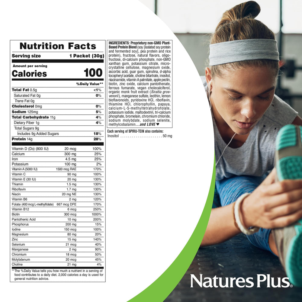 Nutrition facts label for SPIRU-TEIN Vanilla Protein Powder Meal