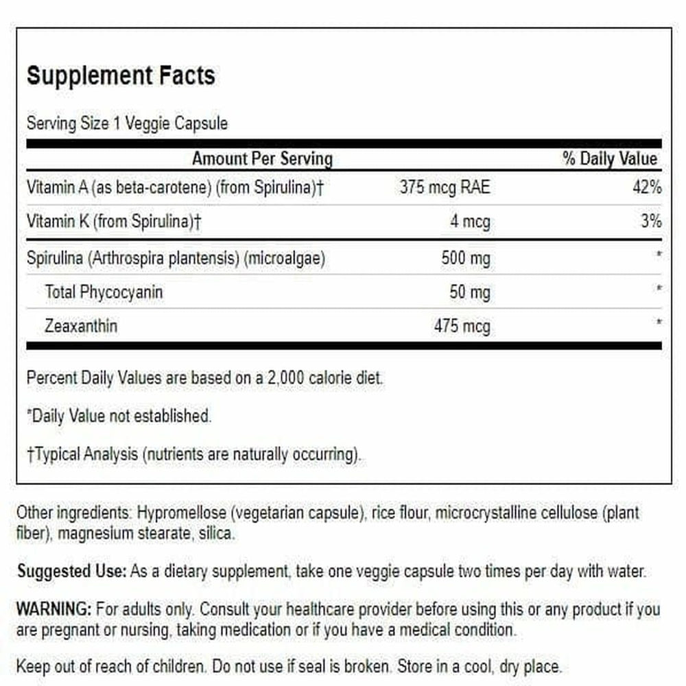 Close-up of Spirulina 1 % phycocyanin on label