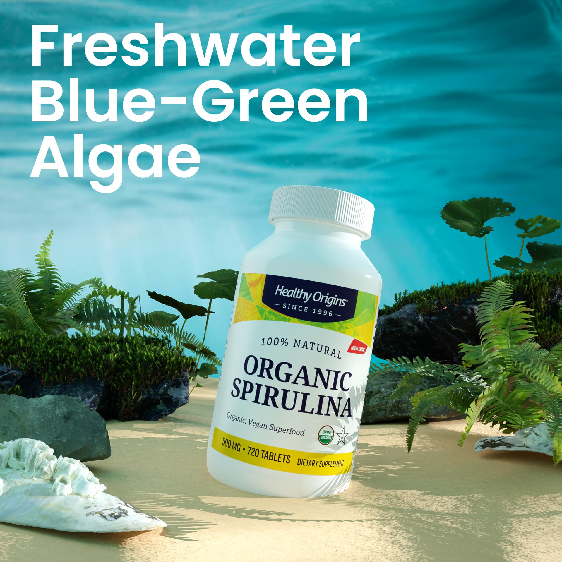 Icons for Non-GMO, Gluten Free, and Vegan on spirulina packaging