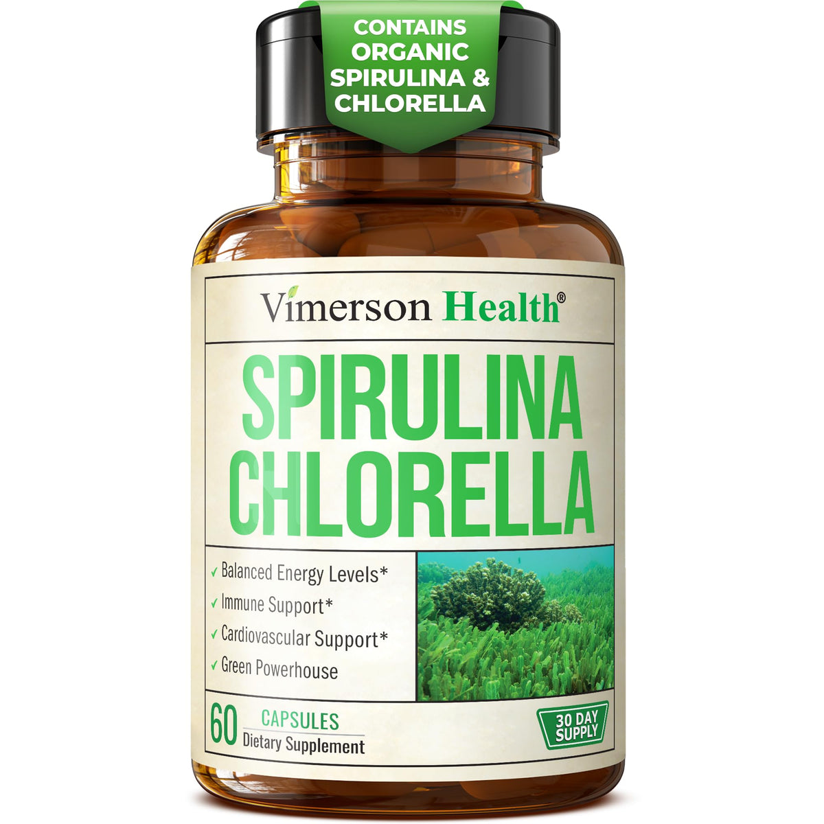 Close-up of spirulina and chlorella capsules