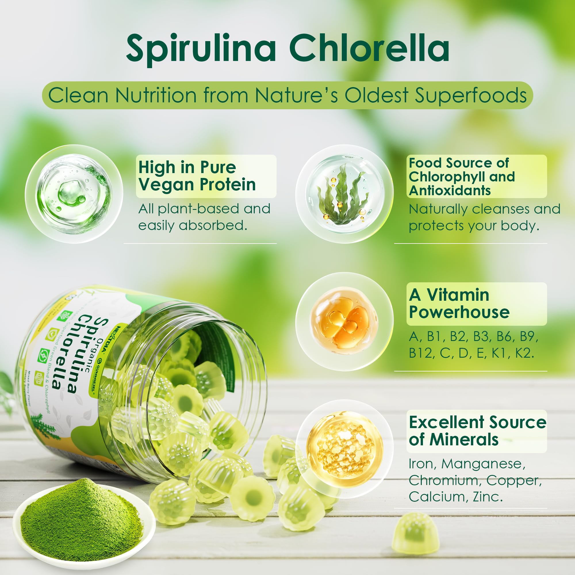 Close-up of spirulina chlorella gummies