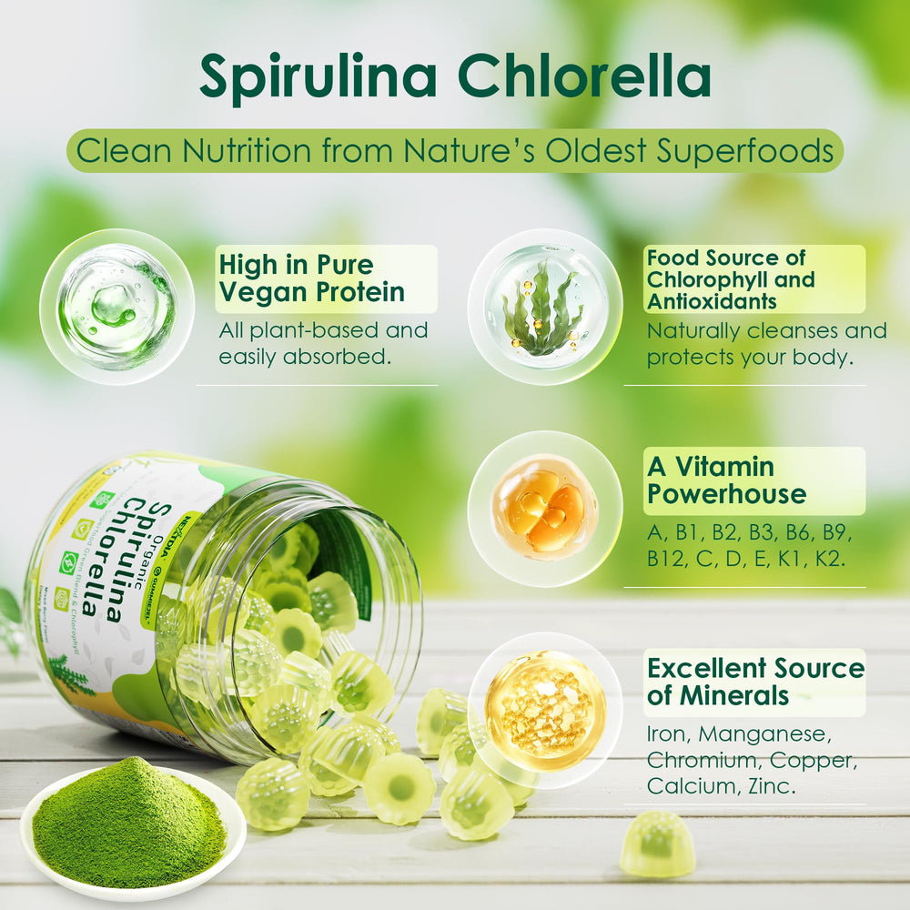 Close-up of spirulina chlorella gummies