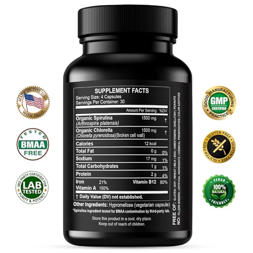 Close-up of spirulina chlorella powder capsules