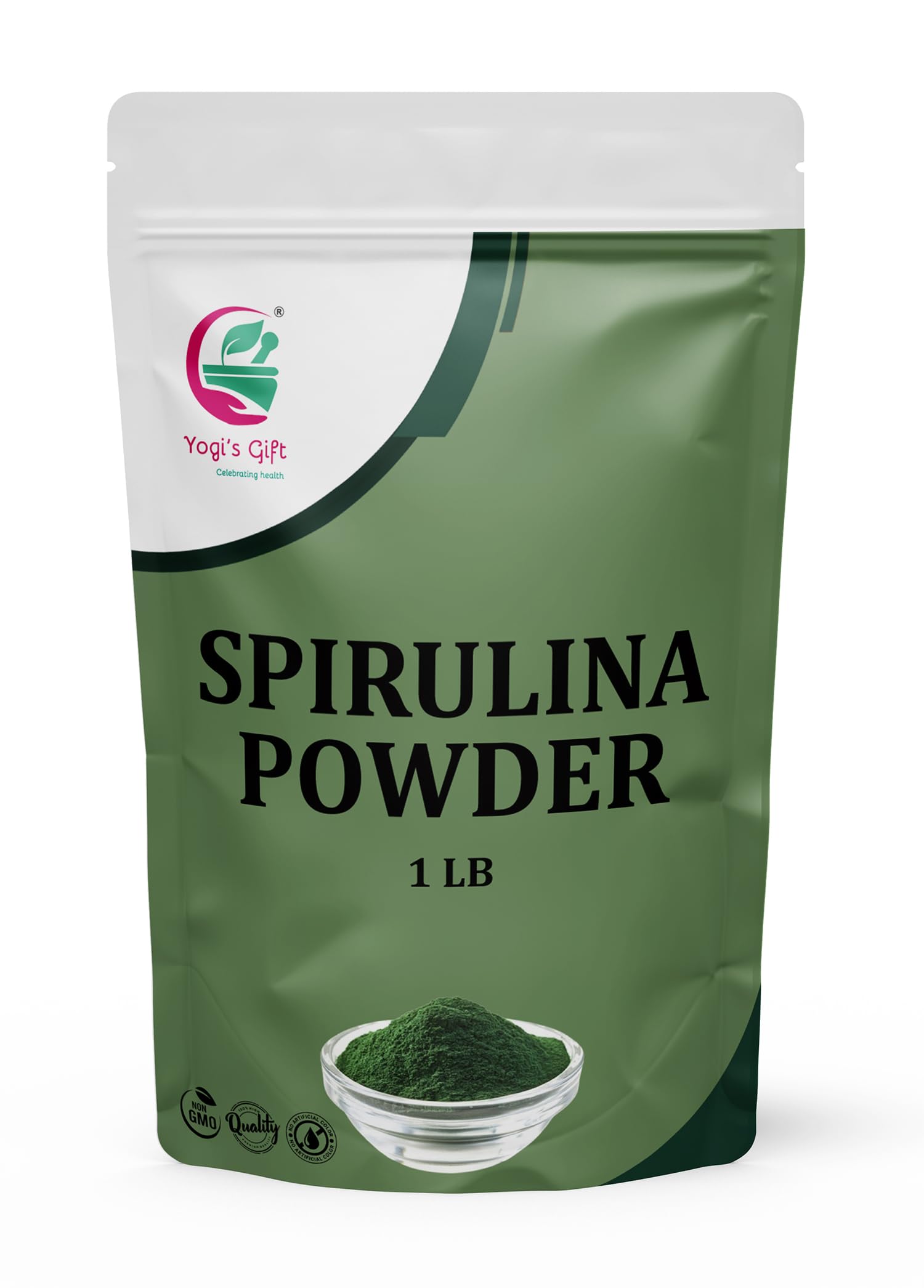 Canister of Spirulina Powder 1 lb by Yogi’s Gift with branding